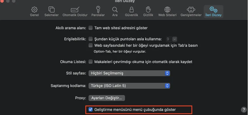 gelistirme menusunu menu cubugunda goster 1